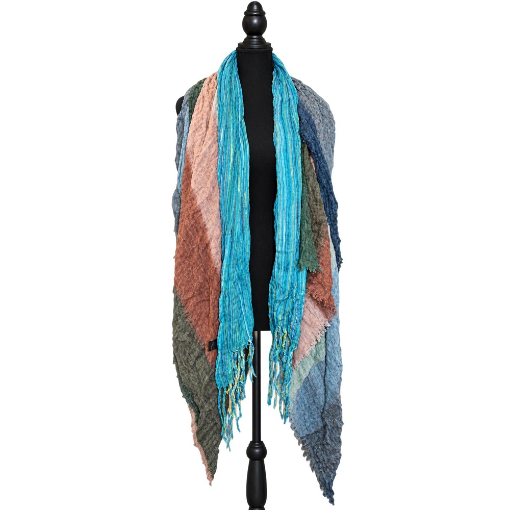 MarlaWynne Multi Color Striped Fringed Scarfs (2) Women OS Blue Green Pair Boho